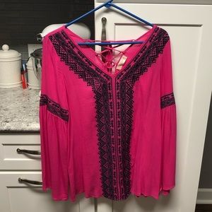 Altar’d State Bright Pink/Navy Embroidered Top